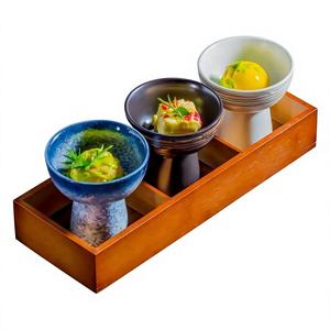 Bol à pieds hauts en céramique de style japonais vintage, peint à la main, avec glaçure au sésame, pour apéritifs, desserts et salades, destiné aux hôtels et restaurants. - Product Image 6