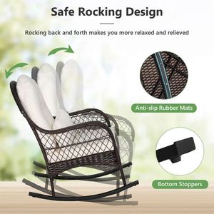 Sedia a dondolo in rattan da esterno con comodi cuscini per schienale e cuscino lombare per uso in giardino - Product Image 3