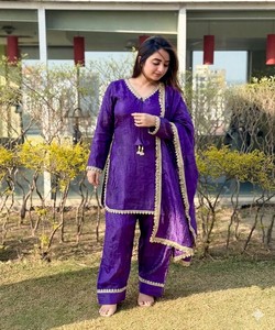 Rich Look Satin Silk Hand Made Real Mirror Pearl Moti Lace Work <b>Top</b> Patiyala With Dupatta Purple 84024 MBL-563 - Product Image 1