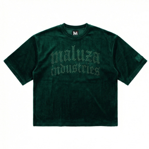 T-shirt streetwear en velours haute couture avec logo gothique en strass, style décontracté urbain hip-hop MALUZA INDUSTRIES - Product Image 1