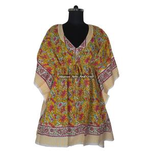 Caftán de Algodón Estampado a Mano de Alta Calidad, Vestido de Verano Indio Hecho a Mano - KFCS131, Abaya, Caftán, Estilo Árabe, Jalabiya, Corto, Dubai - Product Image 1