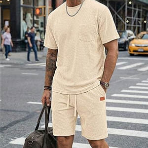 Conjunto de 2 Piezas de Camiseta y Pantalones Cortos Tipo Waffle, Traje de Playa para Vacaciones con Bolsillos, Camiseta y Pantalones Cortos Casuales de Verano Ligeros y Transpirables - Product Image 4