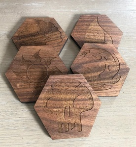 Fantasy Element Symbols Solid Wood Coaster Set Handcrafted Heat Resistant Drink Mat Hexagon <b>Table</b> <b>Protector</b> Coffee Cup Holder - Product Image 2