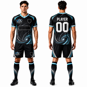 Uniforme de Fútbol Personalizado de Moda al por Mayor, Uniforme de Color Negro y Azul Eléctrico, Conjunto de Camiseta y Pantalones Cortos de Fútbol de Secado Rápido - Product Image 1