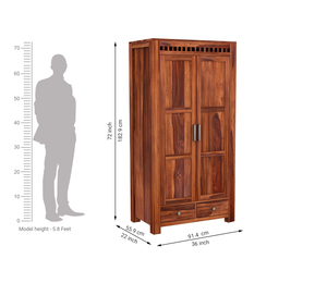 Armoire multi-usages Adolph à 2 portes (fini miel) avec 2 tiroirs, armoire de rangement pour chambre à coucher, Almirah pour la maison, l'hôtel, l'appartement - Product Image 6