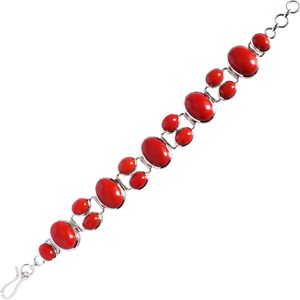 Women's 925 Sterling Silver Coral <b>Bracelet</b> Bezel Set Oval <b>Red</b> Coral Stones Classic Chain Link Design Everyday Wear Fine Jewelry - Product Image 1