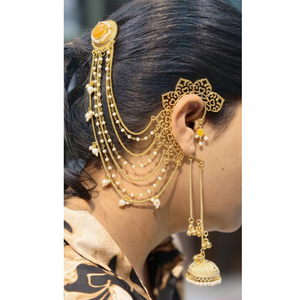 Pendientes de Oreja con Baño de Oro y Piedra Amarilla, Estilo Bahubali, con Jhumka y Cadena para el Cabello, con Perlas Colgantes, Joyería Nupcial India Sahare para Mujer - Product Image 1