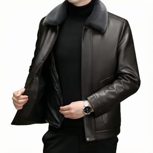 Blouson motard en cuir tressé pour homme, en cuir de mouton véritable, avec bordure côtelée et fermeture éclair - Product Image 1