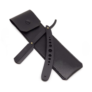 Rasoir de barbier professionnel pliable noir Sambrialmed International, lame droite, acier inoxydable, avec étui en cuir SI-12-100 - Product Image 1
