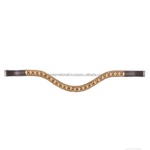 Elegante Diadema para Caballo de Cuero Acolchado Negro y Marrón con Tres Hileras de Cristales Dorados Brillantes Decorativos - Product Image 4