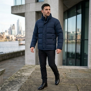 <b>Men</b> Padded Winter <b>Jacket</b> High Collar Quilted Color Block Outdoor Warm Zip Up Coat <b>Reflective</b> Sleeve Panel OEM ODM - Product Image 4