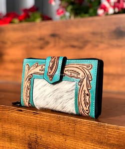 Cartera tallada a mano con patrón occidental, borde de embrague con cuero de piel de vaca de Color turquesa, billetera multiusos - Product Image 3