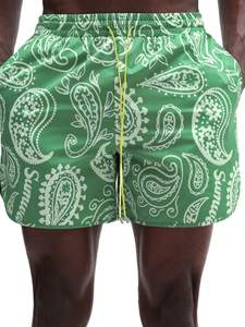 Shorts de Playa para Hombre con Estampado Paisley Verde, Cintura Media, Cordón Ajustable, Secado Rápido, Tejido de Poliéster, con Bolsillos - Product Image 5