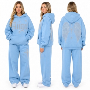 <b>Women's</b> Rhinestone Printed Drop Shoulder Hooded Sweat <b>Shirt</b> & <b>Baggy</b> Sweat Pant Set Ladies Pullover Hooded Full Length Trackuit - Product Image 5