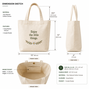Bolsa de Lona Bordada con Diseño Floral 'Enjoy the Little Things', Estilo Asa Corta Beige, para Compras y Viajes - Product Image 2