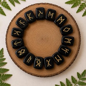 Ensemble de runes Futhark en jaspe noir naturel, fait main, thème Amour, avec pochette en velours noir et carte de runes - Product Image 5