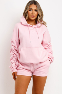 Women Plus Size Pink Hooded <b>Tracksuit</b> Set Solid Color Full Sleeve Shorts Casual Spring Wear With Side Pockets Drawstring Closure - Product Image 5
