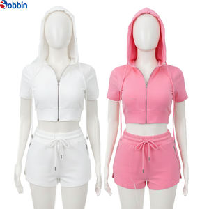 Conjunto Deportivo de Top Corto con Capucha y Pantalones Cortos para Mujer, Color Verde Lima, de Manga Corta con Cierre, para Primavera/Verano, Superventas - Product Image 2
