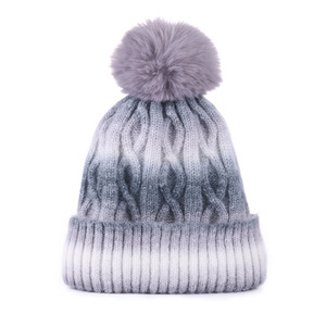 Gorro de punto de invierno con pompones de piel y efecto tie-dye para mujer y niña, gorro grueso de punto para mujer - Product Image 3