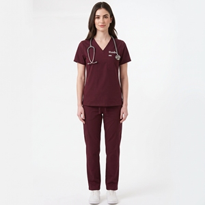 Ensemble de blouses médicales KhumBro de qualité supérieure, couleur bordeaux, haut à col en V, pantalon, coton, polyester, respirant, confortable, uniforme d'hôpital - Product Image 1