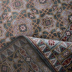 Tapis en laine et soie noué à la main, bleu ardoise et rayures géométriques dorées, 10' x 14', à poils ras, pour salon - Product Image 2