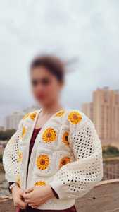 Women's <b>White</b> Crocheted <b>Cardigan</b> With Yellow Sunflower Appliques Puff Sleeve Bohemian Spring Open Front <b>Knit</b> Sweater - Product Image 6
