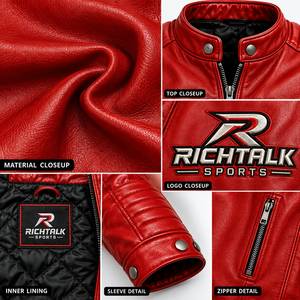 <b>Men's</b> <b>Red</b> Genuine <b>Leather</b> Eco-Friendly Moto <b>Jacket</b> Stand Collar Zipper Front Logo Slim Fit Winter Style - Product Image 6