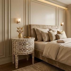 Round MDF Resin Inlay Bedside Wardrobe With Carved Floral Pattern Double Table Classic Style End Table For Living Room - Product Image 3