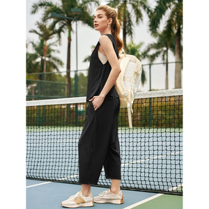 Ensemble 2 pièces pour femmes, haut court sans manches, pantalon à jambes larges, coupe ample, couleur unie, tenue de sport décontractée, toutes saisons - Product Image 2
