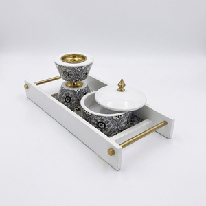 Luxury <b>Marble</b> Bakhoor Burner Set Floral Patterned Incense Holder & <b>Jar</b> On White Wooden Tray Premium Middle East Home Decoration - Product Image 2