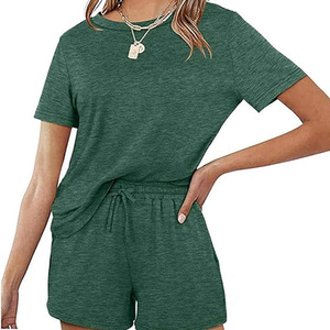 Wholesale Women's Knee Solid Two-Piece Shorts T-shirt <b>Set</b> Casual Comfortable 100% Cotton Skinny Fit Embroidered Eco-Friendly - Product Image 1