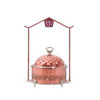 Station de chauffe-plats de luxe triple en or rose avec lampe chauffante suspendue et couvercles amovibles – Ensemble professionnel pour buffet d'hôtel