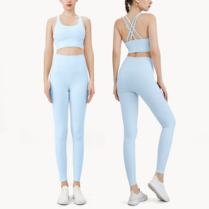 Light <b>Blue</b> Spandex/Nylon Seamless Yoga Leggings Set Women High Waist Full Length Breathable Sports <b>Bra</b> Cross Back Athletic Wear - Product Image 1