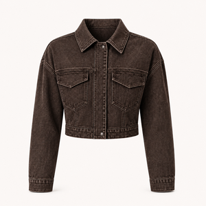 Women’s <b>Cropped</b> <b>Jacket</b> with Long Sleeves, Classic Collar, Snap Button Closure, Dual Chest Flap Pockets Washed <b>denim</b> fabric - Product Image 5
