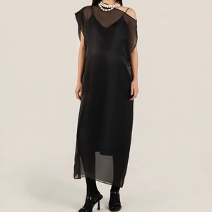 Simple Summer Silk Regular Sleeve Crew Neck Voile Stripes Loose Straight Casual <b>Dresses</b> - Product Image 1