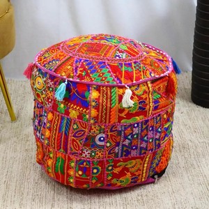 Indian Embroidered Patchwork Cotton <b>Pouf</b> Cover Handmade Round Ottoman Cover - Product Image 3