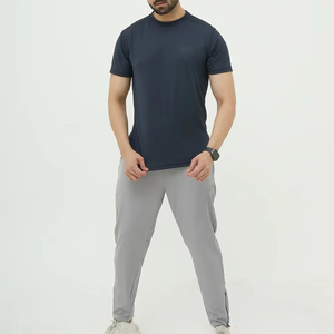 Men's Casual Summer Tracksuit <b>Navy</b> Blue Short Sleeve T-Shirt With Gray Pants Quick Dry Lightweight <b>Gym</b> Wear - Product Image 1