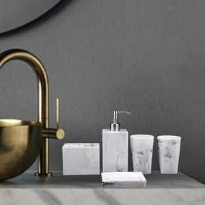 Modern Marble Look Bathroom Set Six-Piece Rectangle Soap Dispenser <b>Toothbrush</b> <b>Holder</b> Tumbler Tray Easy To Clean - Product Image 3