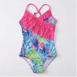 Girls One-Piece Swimsuit With Tropical Floral Print And Pink Ruffle Asymmetric Design <b>Crossed</b> Halter Neckline - Product Image 1