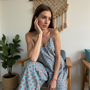 Conjunto de salón de algodón floral verde y blanco hecho a mano de Winebs con camisola de correa ancha y pijama con bolsillos para mayor comodidad - Product Image 3