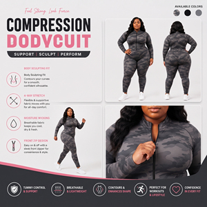 Camo Printed Plus Size Compression Jumpsuit Half-<b>Zip</b> Full Body One Piece Women's Yoga Fitness Four-Way Stretch Water Resistant - Product Image 5