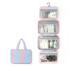 Blue Pink Foldable <b>Toiletry</b> <b>Storage</b> Bag Waterproof Multi-Compartment Handheld Makeup Skincare Organizer Nylon Fabric for Travel - Product Image 1