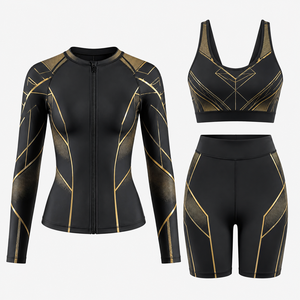 Ensemble de compression à manches longues pour femme, imprimé géométrique noir et or, séchage rapide, en Spandex et Polyester, idéal pour l'entraînement - Product Image 4