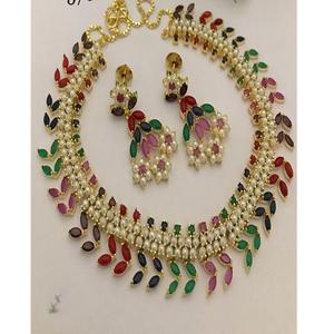 Ensemble collier et boucles d'oreilles tendance en laiton plaqué or de qualité supérieure, serti de moissanite et de pierres Kundan, pour femme, idéal pour fiançailles, mariage ou comme cadeau. - Product Image 1
