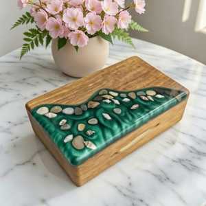 Emerald Resin Jewelry <b>Box</b> Wooden River Jewelry Organizer Handmade Epoxy <b>Trinket</b> <b>Box</b> Luxury Keepsake Storage Gift - Product Image 1
