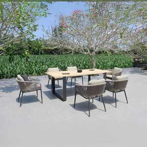 Contemporary Outdoor Dining Set with Teak <b>Table</b> and Rope Chairs for <b>Garden</b> Use - Product Image 1