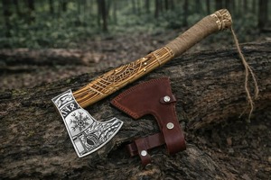 Hacha de cabeza hecha a mano para exteriores, personalizada, con hoja de acero de alto carbono de 18 pulgadas y mango de madera grabado, de grado industrial. - Product Image 4