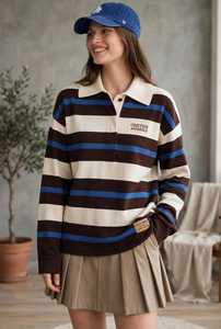 Camiseta Polo de Manga Larga a Rayas Marrón y Azul Oneten, Cuello de Botones Tejido, Estilo Deportivo - Product Image 5