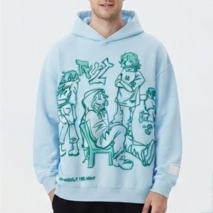 เสื้อฮู้ดดี้ผู้ชายไซส์ใหญ่ พิมพ์ลายการ์ตูนสีฟ้าอ่อน ดีไซน์วาดมือ สวมใส่สบายๆ ในฤดูใบไม้ร่วง ผลิตจากผ้าฝ้ายถัก 100% พร้อมโลโก้แบบกำหนดเอง - Product Image 1