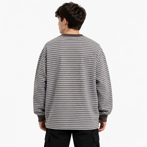 Sweat-shirt à col rond rayé à manches longues avec poche pour homme, tricoté surdimensionné, décontracté, automne, 95% coton, respirant, écologique - Product Image 5